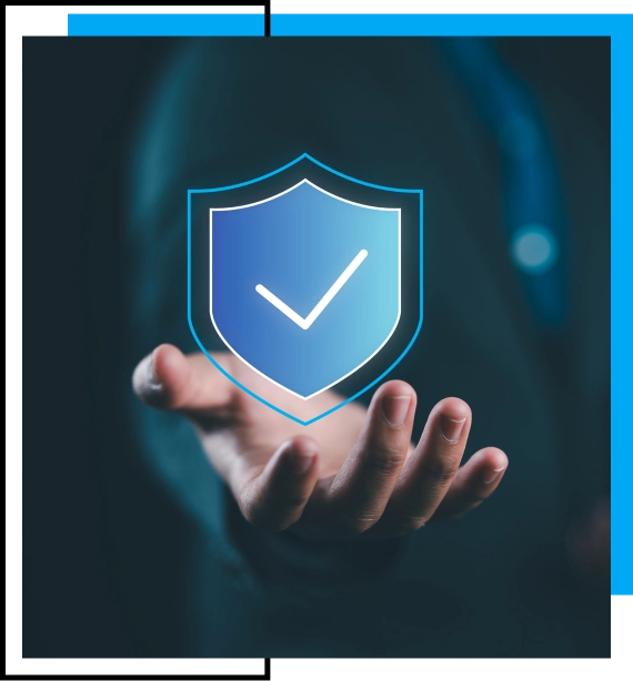 Hand holding a glowing shield checkmark icon representing protection